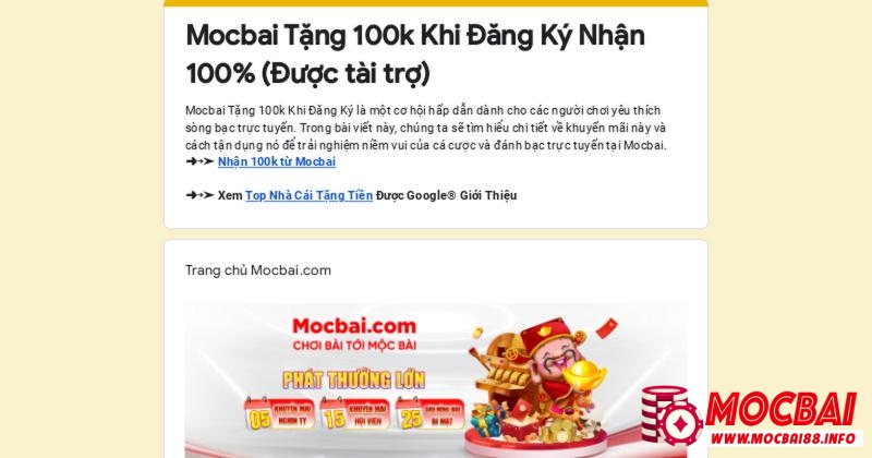 Khuyến mãi tặng 100k trải nghiệm nhà cái Mocbai